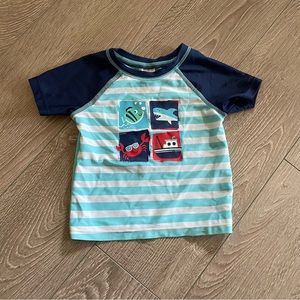 Baby Boy Blue Stripes Shark Fish and Boat Swim Shirt Rash Guard Size 12-18M